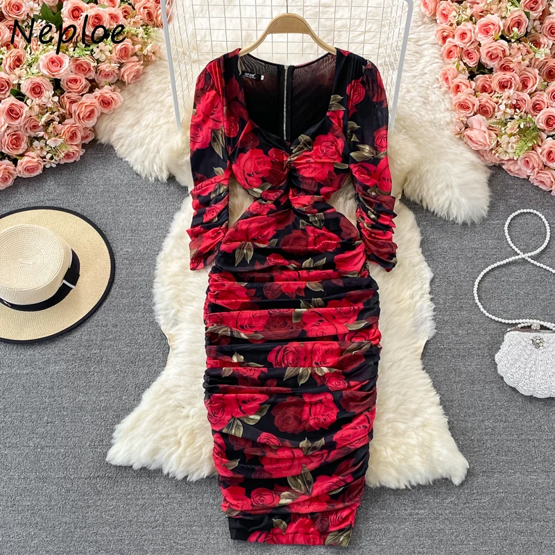 Neploe Gentle Rose Printed Female Robe Three-quarter Sleeve Slim Waist Split Dress Women Square Collar Mesh Pleated Vestidos