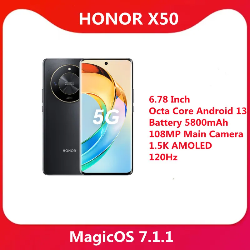 New Arrival  HONOR X50 5G Mobile Phone 6.78 Inch  Octa Core Android 13 Battery 5800mAh 108MP Main Camera 1.5K AMOLED 120