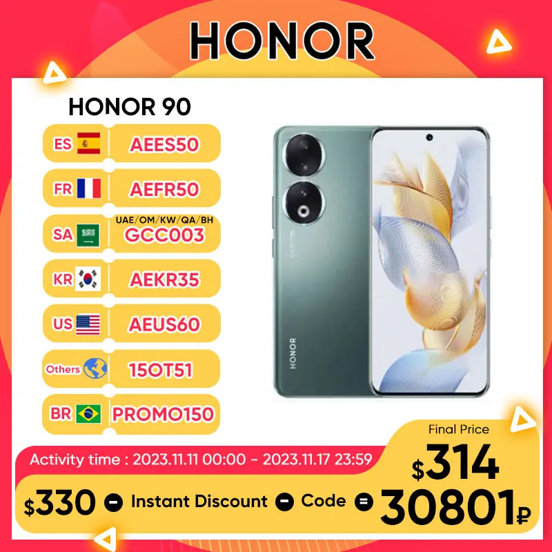 New Global Version HONOR 90 5G 200MP Ultra-Clear Camera Snapdragon 7 Gen 1 5000mAh Battery Life 66W Supercharger 120Hz Display