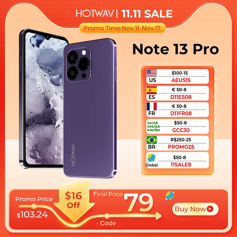 New HOTWAV Note 13 Pro Smartphone Android 13 6.6” HD+ 90Hz Refresh Rate 16GB(8+8)+256GB Cellphones 50MP 5160mAh Mobile Phones