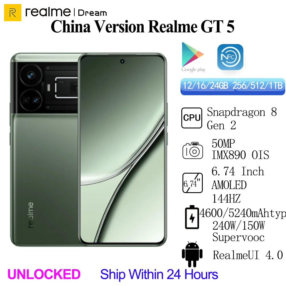 New Realme GT 5 Unlocked Snapdragon 8 Gen 2 50MP IMX890 OIS 240W 150W Supervooc 4600 5240mAh 6.74Inch AMOLED 144Hz NFC OTA