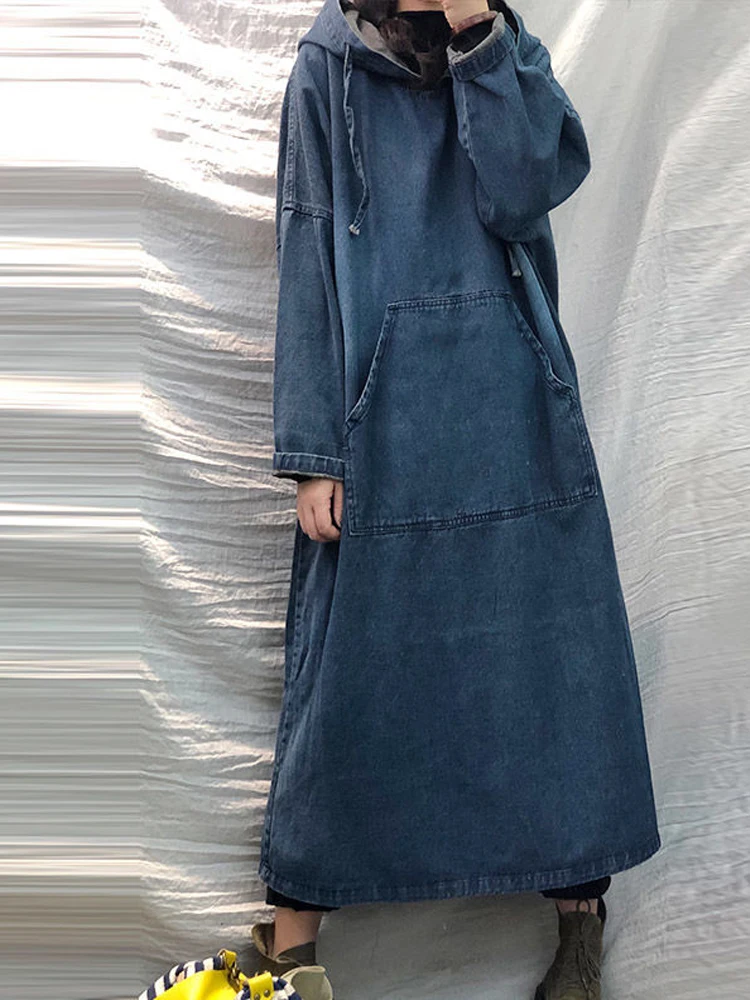 New Women Spring Autumn Long-sleeved Denim Dress Female Button Pocket Vintage Casual Baggy Ladies Streetwear Midi Robe 2022