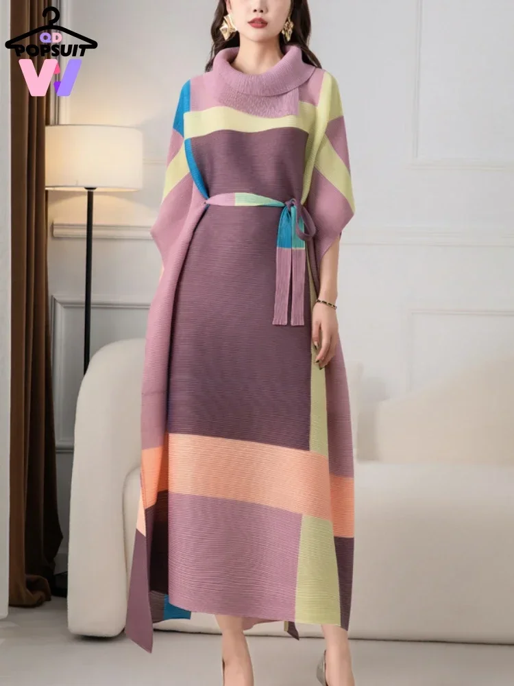 New in Women Dress Luxury Fashion Pleated Printing Maxi Turn Down Collar Flare Sleeve Belt Patchwork Party Festival Suit Dresses