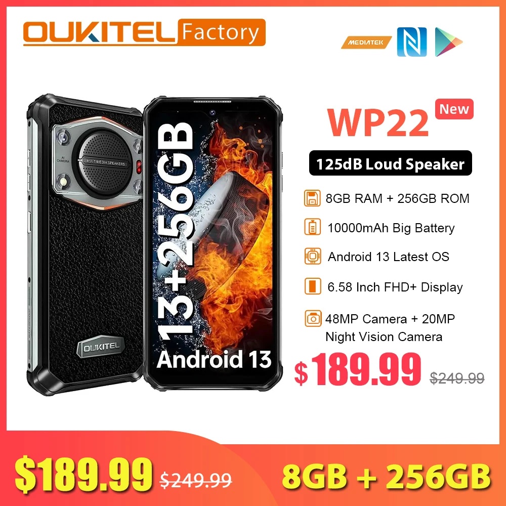 OUKITEL WP22 8GB 256GB 10000mAh Smartphone Helio P90 Mobile Phone 125dB Super Loud Speaker 6.58\