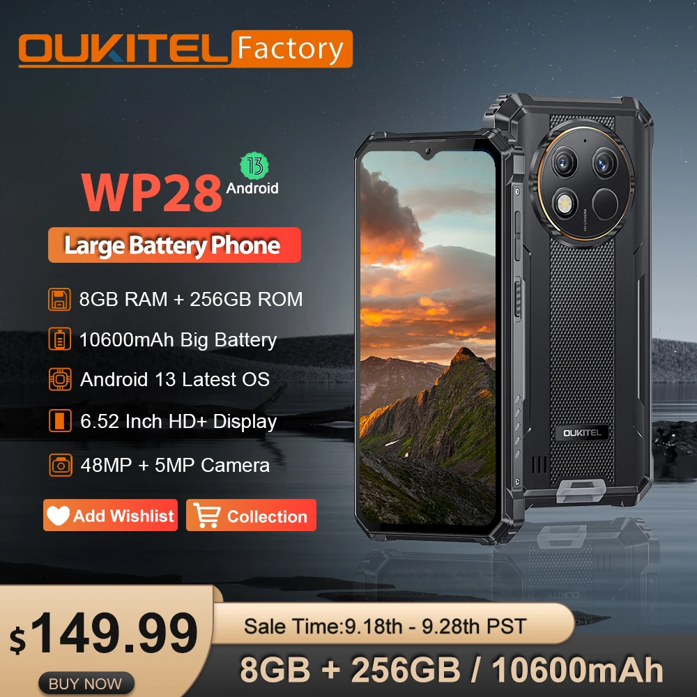 OUKITEL WP28 8GB 256GB Rugged Smartphone 10600mAh Android13 Mobile Phone 48MP Camera 6.52 Inch Display NFC Cellphones