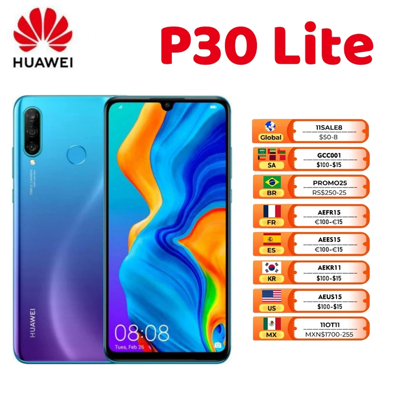 Original Huawei P30 Lite Smartphone Android 128GB ROM 6.15 inch 48MP+32MP Google Play Unlocked Global version Mobile phones