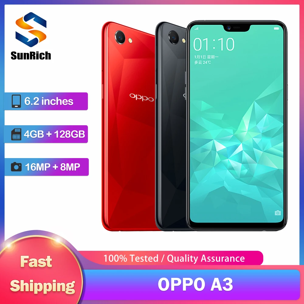 Original OPPO A3 F7 4G Mobile Phone Dual SIM Card 6.2” 4GB RAM 128GB ROM 16MP+8MP MT6771 Helio P60 Octa-Core Android SmartPhone