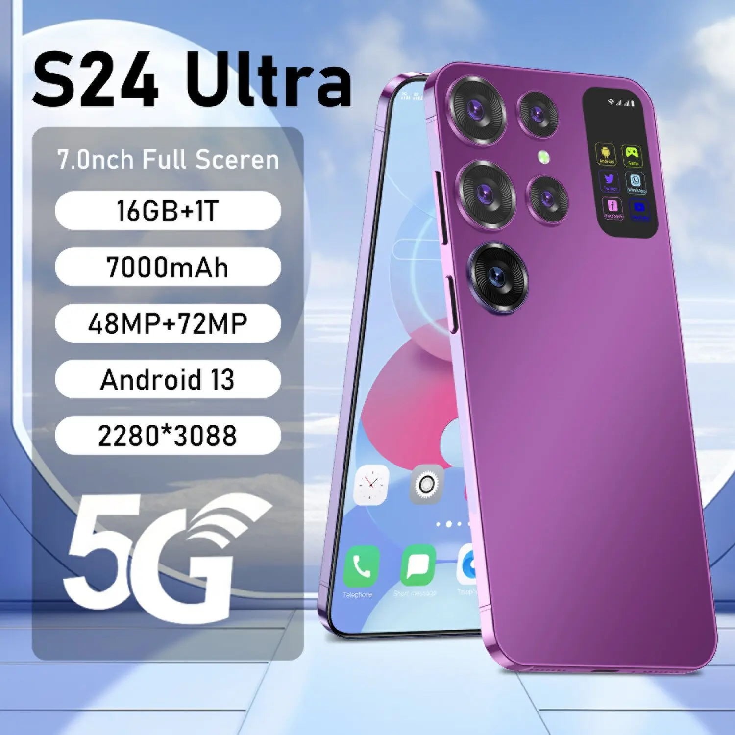 Original S24 Ultra 7.0 inch HD Screen Smartphone16GB+1TB 5GPhone Dual Sim Celulares Android13 Face Unlock 7000mAh 72MPwith NFC