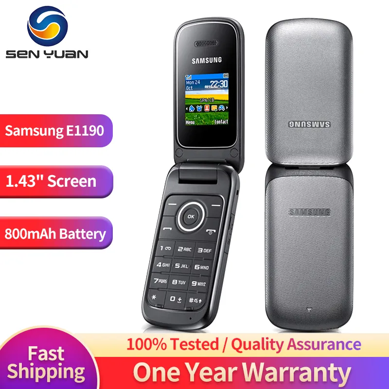 Original Samsung E1190 2G Mobile Phone 1.43” Display GSM 900 / 1800 800mAb Battery Flip CellPhone