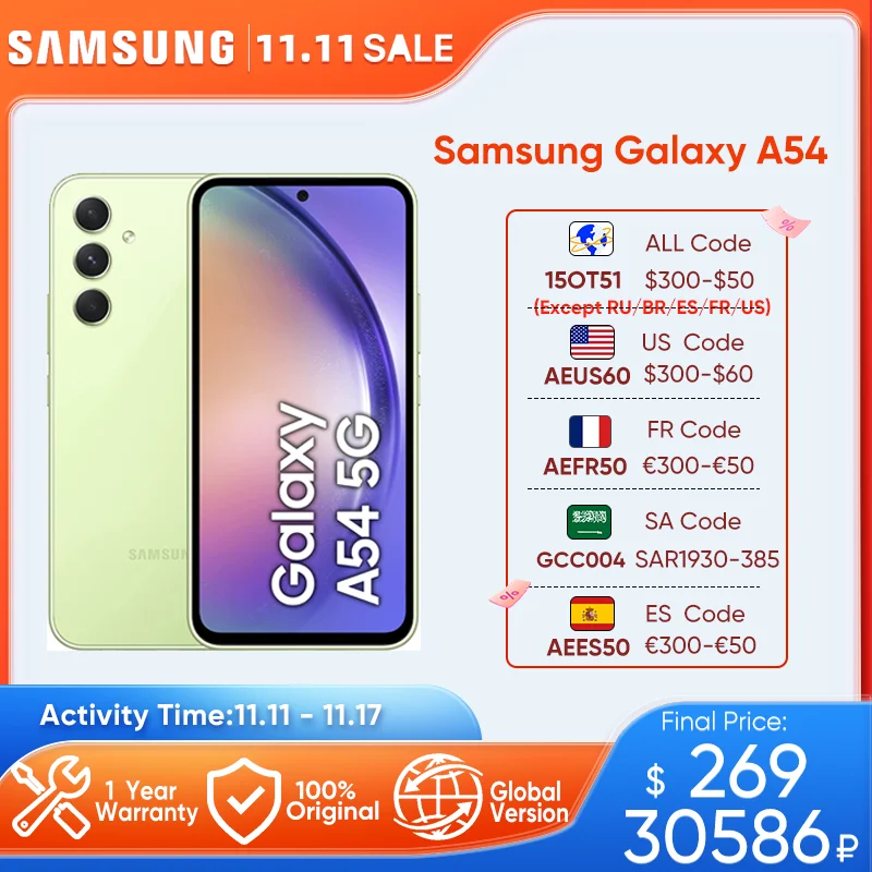 Original Samsung Galaxy A54 5G 128GB + 6GB Unlocked Worldwide Dual Sim 6.4\