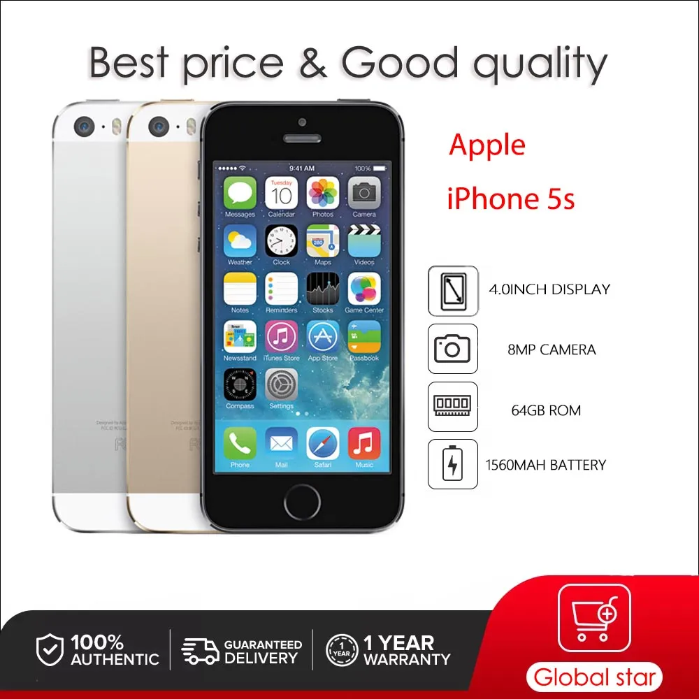 Original used Apple iPhone 5s Dual-core Mobile 4.0” 8MP Display iOS 16/32/64GB ROM 4G Fingerprint Smartphone