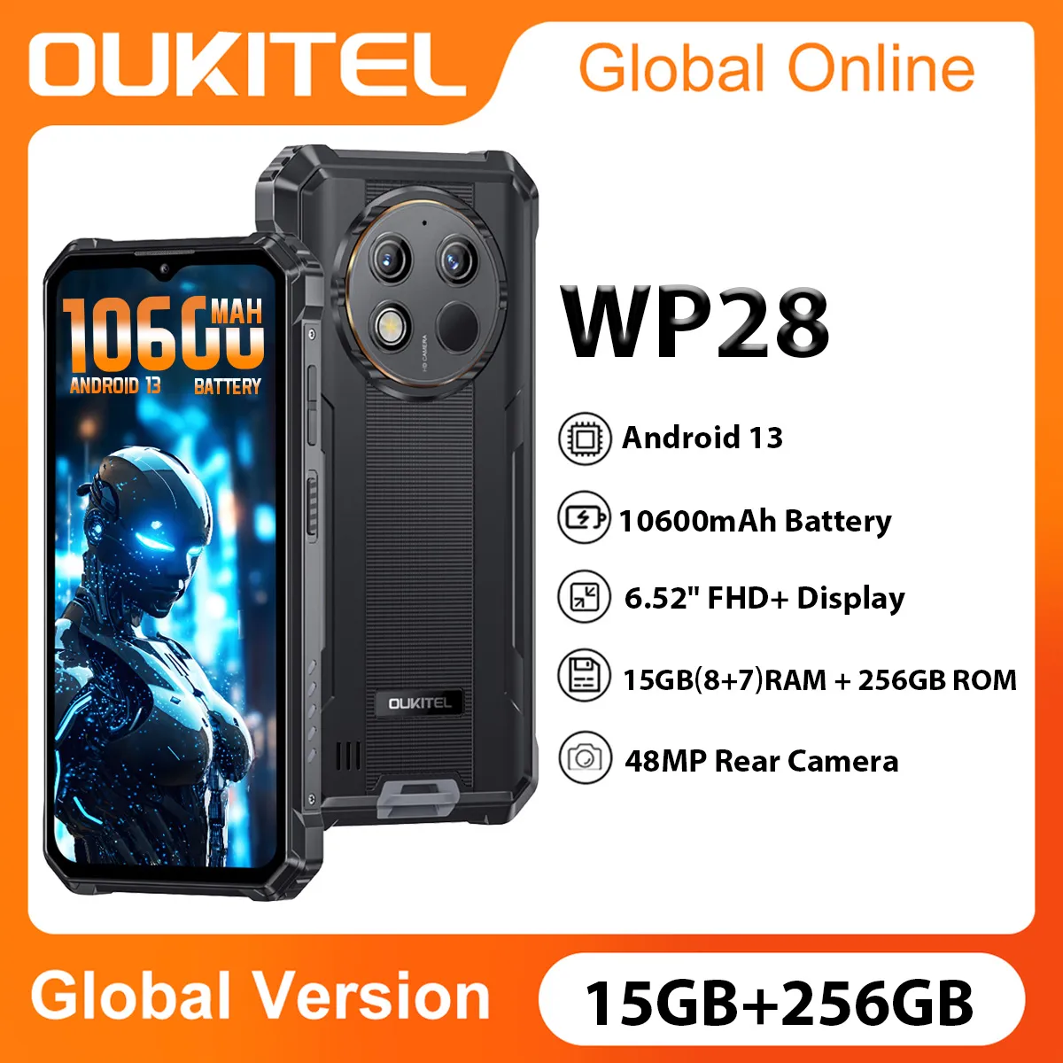 Oukitel WP28  8GB+256GB Rugged Smartphones 6.52‘’ HD+ 10600mAh  Android 13 Mobile Phone 48MP Camera Cell phones NFC