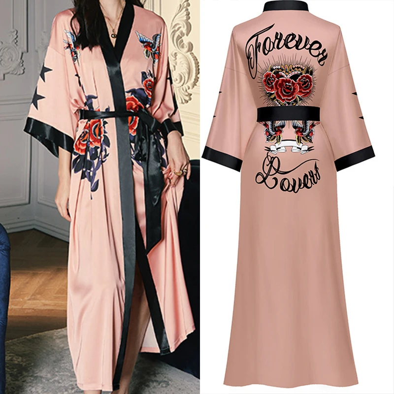 Oversize Long Robe Spring Summer Women Sleepwear Kimono Bathrobe Gown Sexy Satin Nightwear Nightgown Loose Home Dressing Gown