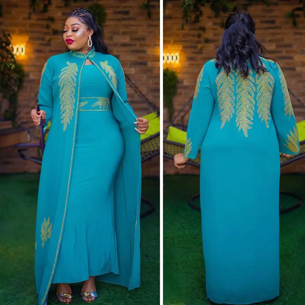 Plus Size African Party Dresses for Women Chiffon Boubou Ankara Dashiki 2 PCS Set Outfit Dubai Kaftan Abaya Robe Marocaine Femme