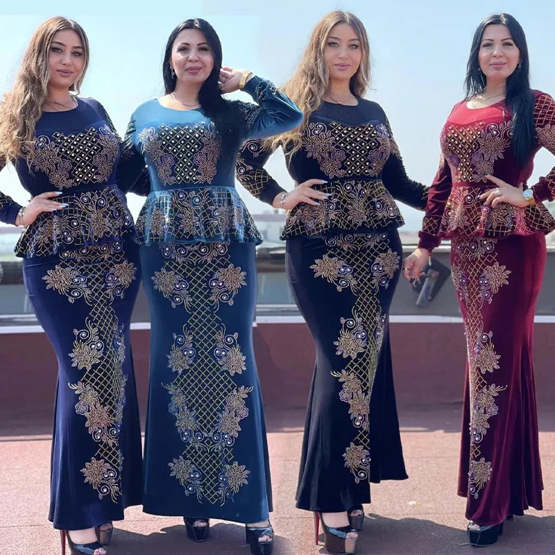 Plus Size African Party Dresses for Women Dashiki Diamond Velvet Wedding Evening Gowns Fashion Muslim Turkish Outfits Robe 2023