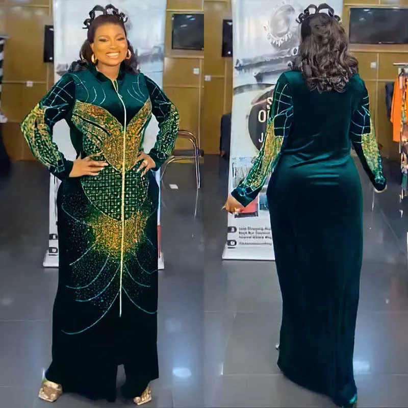 Plus Size Velvet African Party Dresses for Women Dashiki Diamond Bodycon Wedding Evening Gowns Fashion Kaftan Turkish Outfits