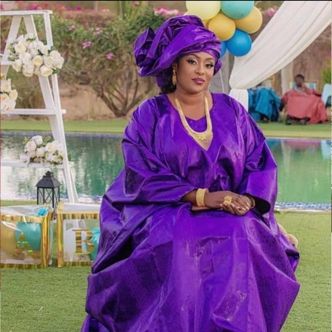 Purple Bazin Riche Clothing For Nigeria Ceremony Long Dresses With Scarfs Top Quality Free Size Bazin Riche Dashiki Robe