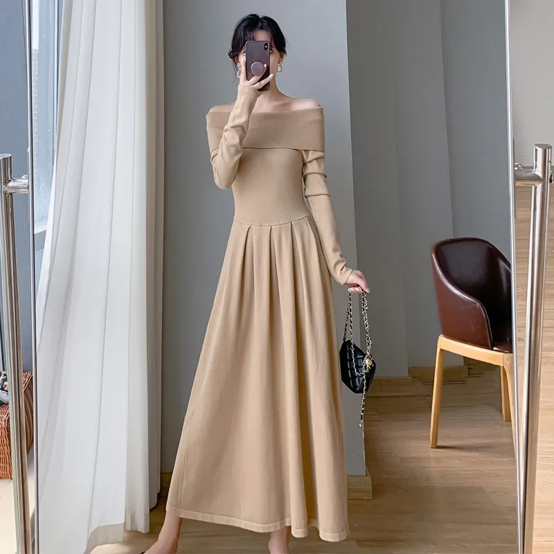 Real Shot French Style Draping Effect Long Sleeve Dress Women’s Autumn Gentle Elegant Tight Waist Slimming Knitted Long Dress