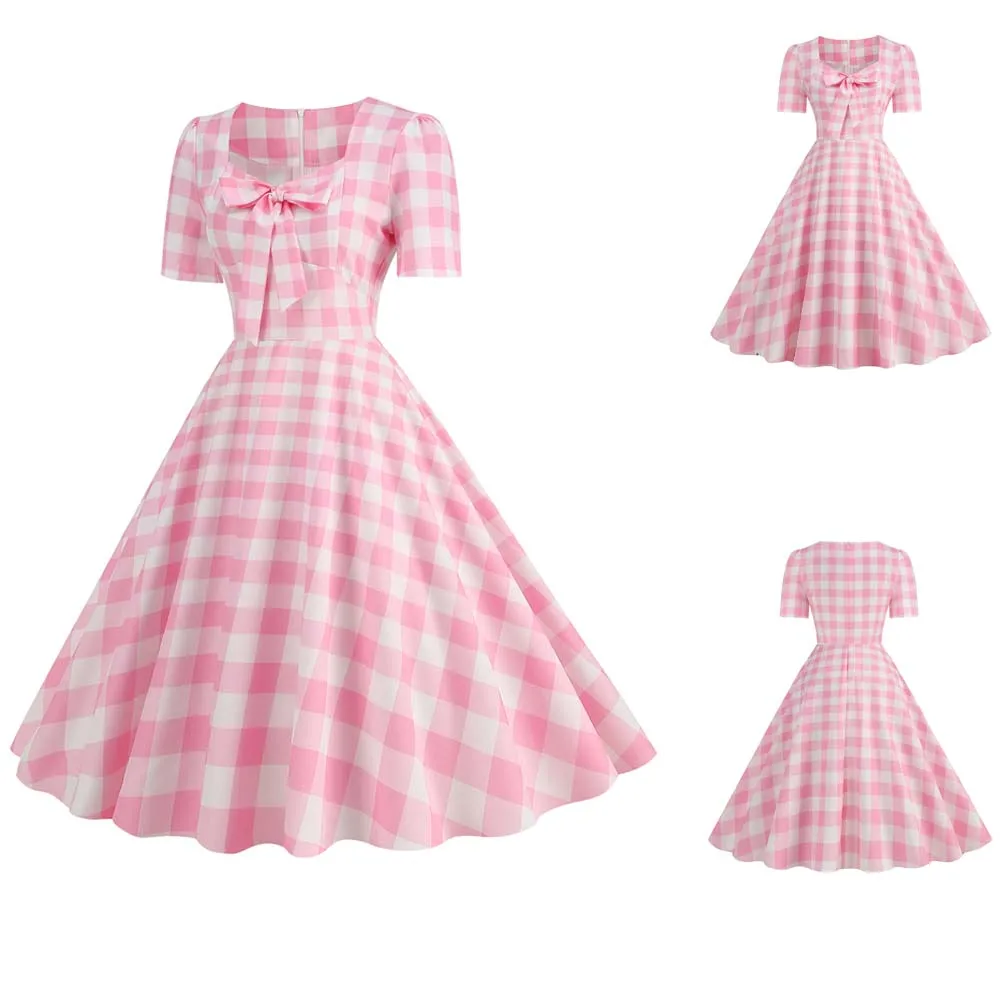 Retro-Pink-Plaid-Elegant-Women-Party-Office-Dress-2023-Robe-Femme-Vintage-Square-Collar-Short-Sleeve.jpg