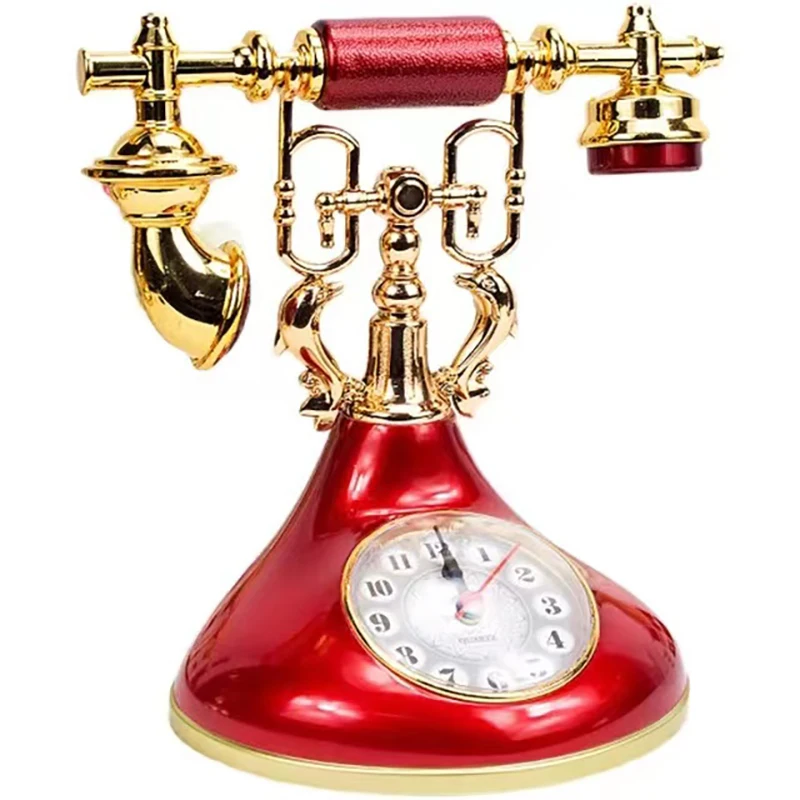 Retro Telephone Model Alarm Clock Creative Timekeeper Desktop Ornament for Home Room Bedside Table Decoration