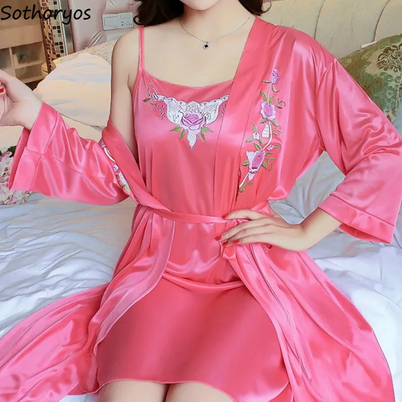 Robe Gown Sets Women Ice-silk 2pcs Floral Fashion Sexy Sleepwear Lace Up Chic Thin Womens Bathrobe Home Nightwear Comfortable