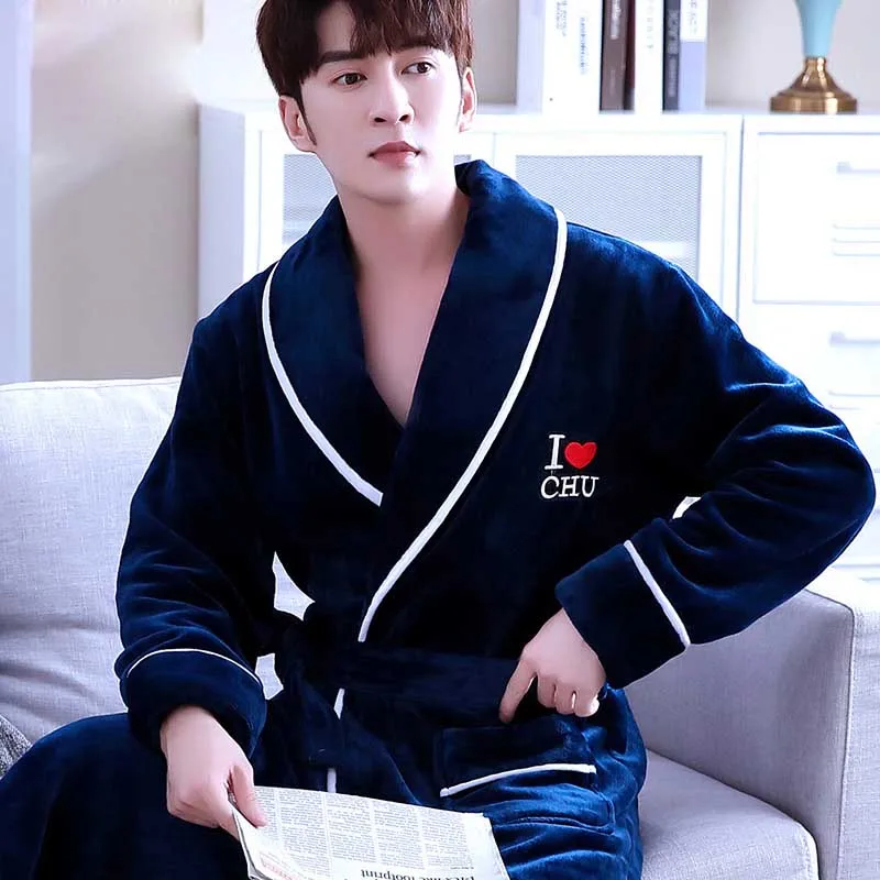 Robe for Men Nightwear Thick Kimono Bathrobe Male Printed Flowers Sleepwear Home Soft Coral Fleece Dressing Gown