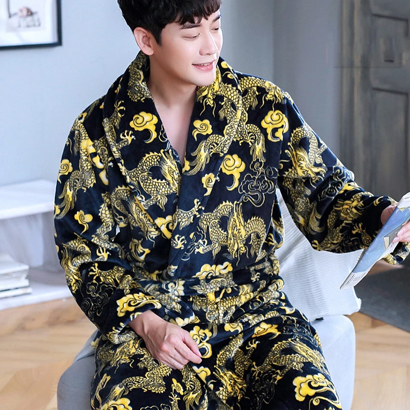 Robe for Men Soft Dressing Gown Warm Sleepwear  Thicken Bathrobe Lounge Nightgown Oversized Leisure Home Clothes