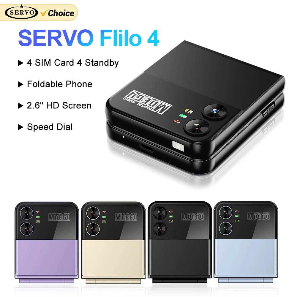 SERVO Fashionable Flip Cellular Phone 4 SIM 2G GSM Speed Dial Flashlight Magic Voice MP4 Player FM Radio Fold Telephones Type-C