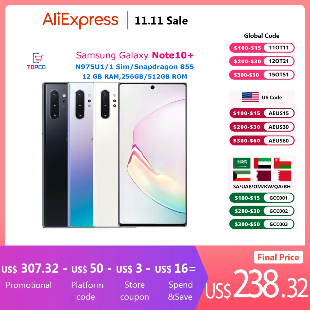 Samsung Galaxy Note10+ Note10 Plus N975U1 256GB/512GB Mobile Phone Snapdragon 855 Octa Core 6.8\