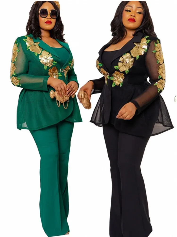 Sequin African Clothes For Women 2 Piece Set Dashiki African Outfits Mesh Top And Flare Pant Suits Office Lady Business Sets