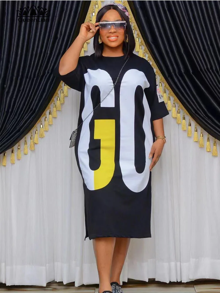 (Size :L-4XL)Summer Oversized Cotton Short Sleeved Medium Length Skirt African Dress  Lettering Printed (ZM#)