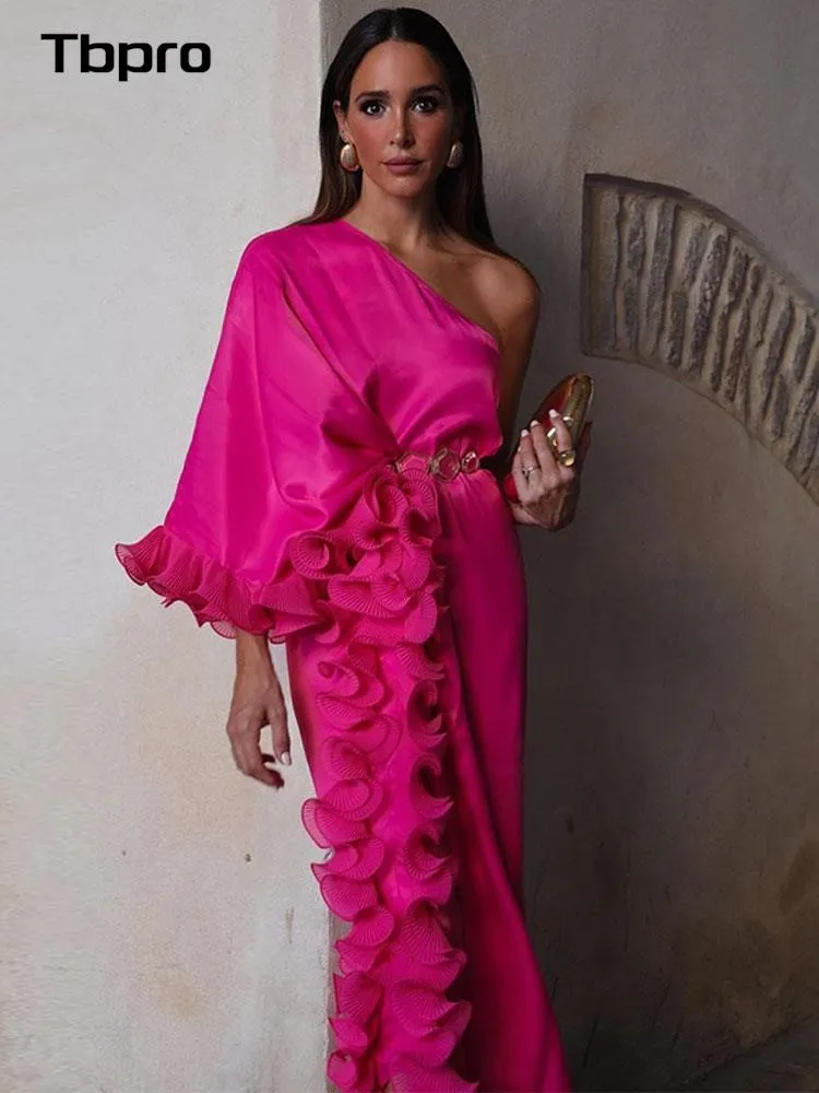 Solid Diagonal Collar Asymmetric Long Sleeved Satin Dress Women’s Fashion Layered Ruffle Maxi Vestido Club Vacation Evening Robe