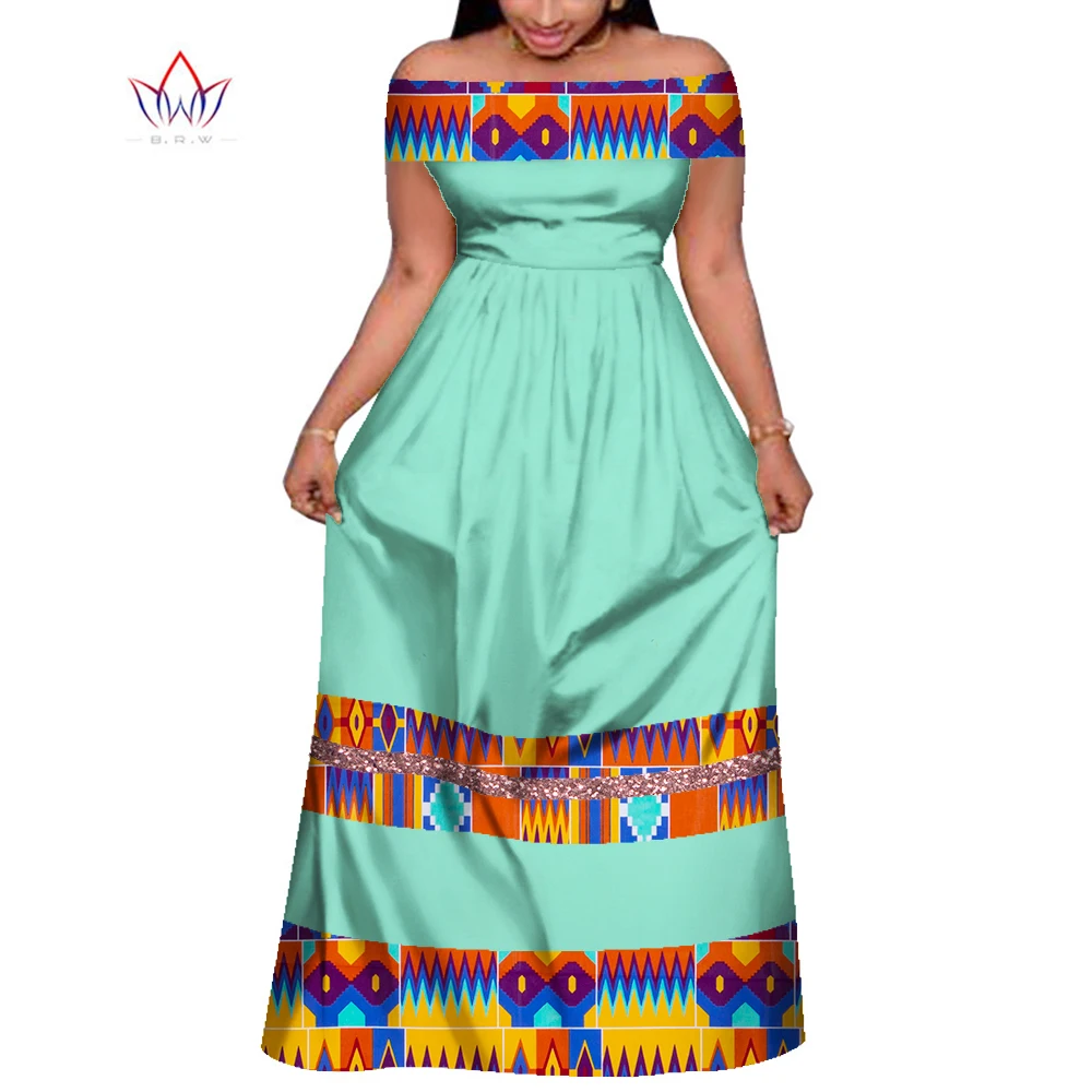 Summer African Dresses for Women Off Shoulder High Waist Long Maxi Dress Bazin Riche Cotton Print Wax Party Dress WY7941
