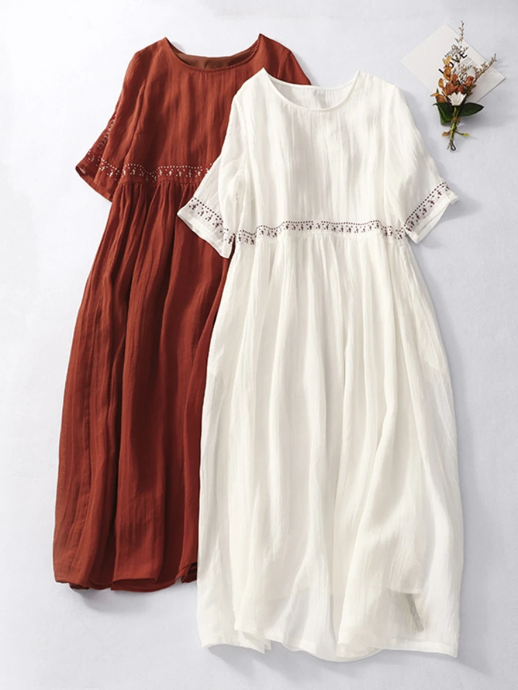 Summer New Dresses for Women 2023 LOOSE Embroidery Vintage Dress Streetwear Long Dresses Women Clothing Robe O-Neck White Dress