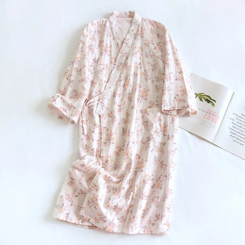 Summer Spring 100% Cotton Gauze Women’s Pajamas Japanese Kimono Robes Flower Print Bathrobe Loose and Comfortable Sleepwear