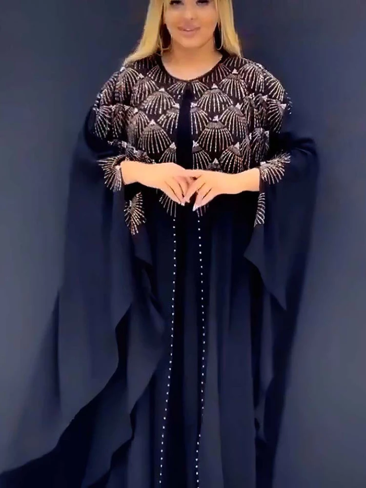Two Piece Set African Dresses for Women 2023 Traditional Nigeria Chiffon Diamonds Caftan Dress Abaya Musulman Robe Femme Clothes