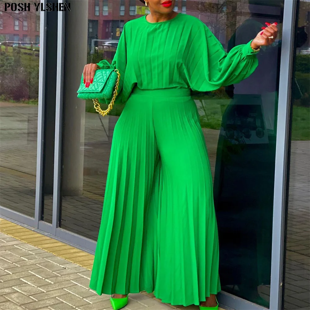 Two Piece Set Women Tracksuit Summer Clothes African Dresses for Women 2023 Casual Party Pleated Tops Wide Leg Pant Sets Outfits