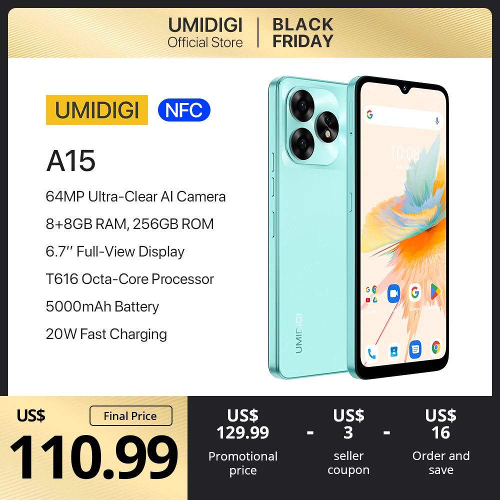 [Мировая премьера] Смартфон UMIDIGI A15, A15C NFC Android 13, 6,7-дюймовый FHD + экран, 8 ГБ 256 ГБ 128 ГБ, камера 64 МП, мобиль