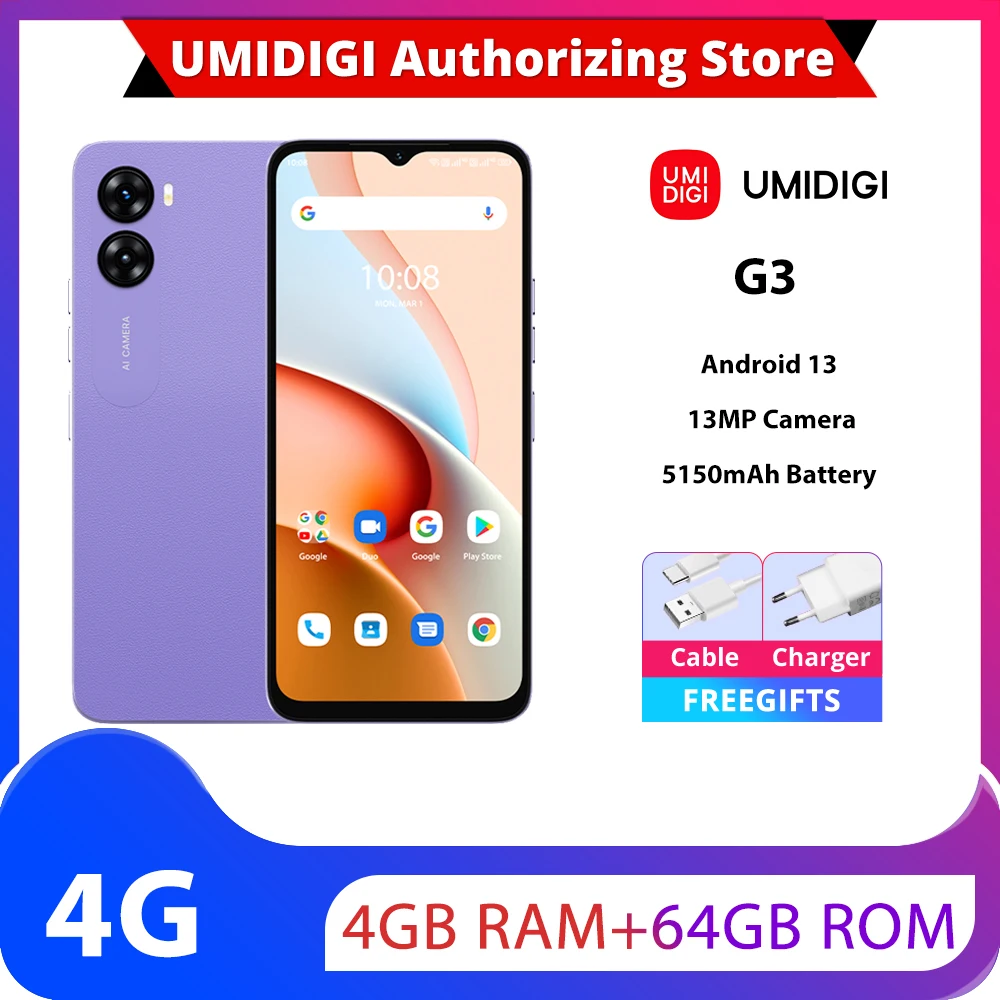 UMIDIGI G3 Smartphone Android 13 Helio A22 4GB+64GB 13MP Camera 5150mAh Battery Dual SIM 4G  AI Face Unlock Portable Cellphone