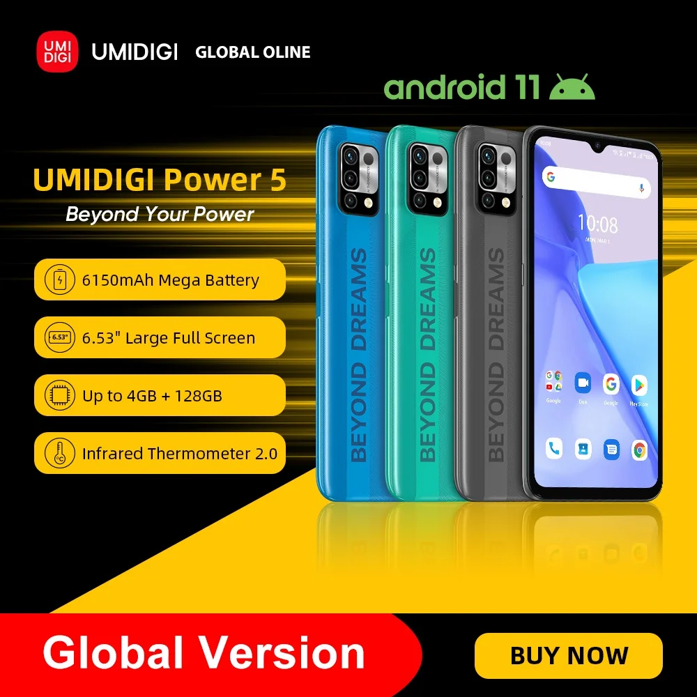 UMIDIGI Power 5 Global Version Smartphone Android 11 Helio G25 16MP AI Triple Camera 6150mAh 6.53” Full Screen