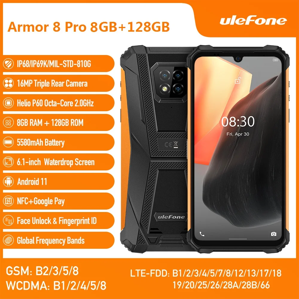 Ulefone Armor 8 Pro, 8 ГБ + 128 ГБ, Android 11, 5580 мАч, Helio P60,NFC,IP68,6,1 дюйма