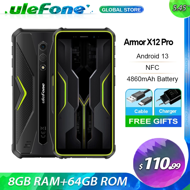 Ulefone Armor X12 Pro, 8 ГБ + 64 ГБ,NFC, 4860 мАч, 13 МП, 5,45 дюйма, 4G, Android 13, MTK Helio G36