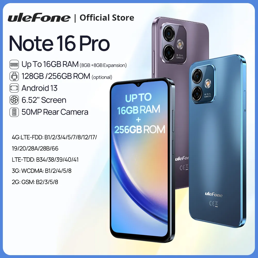 Ulefone Note 16 Pro Up to16GB RAM  256GB ROM Android 13 Global Version Phone 50MP Camera 6.52 inch 4400mAh GPS  4G Cellular
