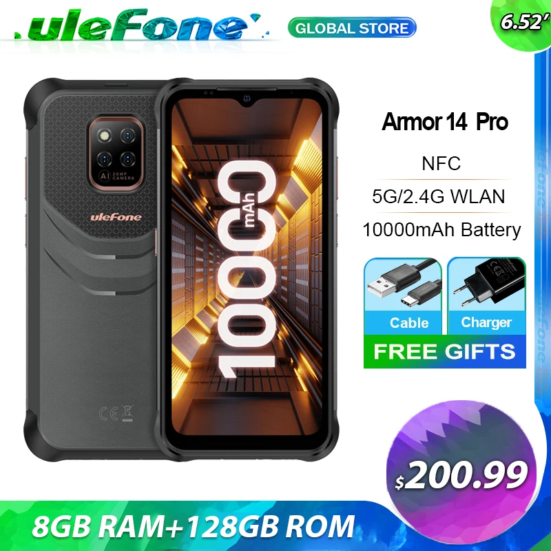 Ulefone Power Armor 14 Pro 8GB 128GB Octa Core Rugged Phone 10000mAh Android 12 Waterproof Smartphone 5G/2.4G WLAN NFC Global