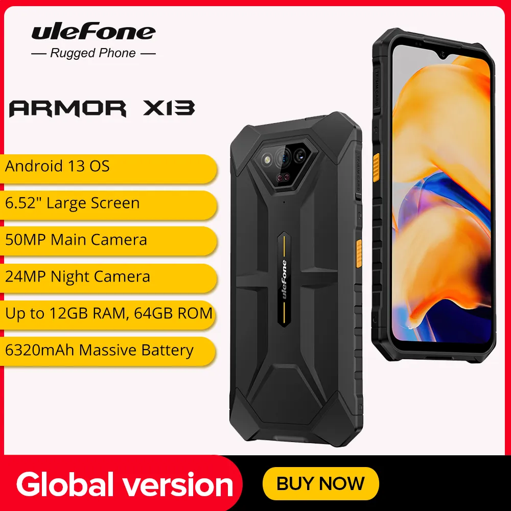 Ulefone Power Armor X13 Rugged Waterproof Smartphone 12GB+64G Android 13， 6320mAh 50MP 6.52\