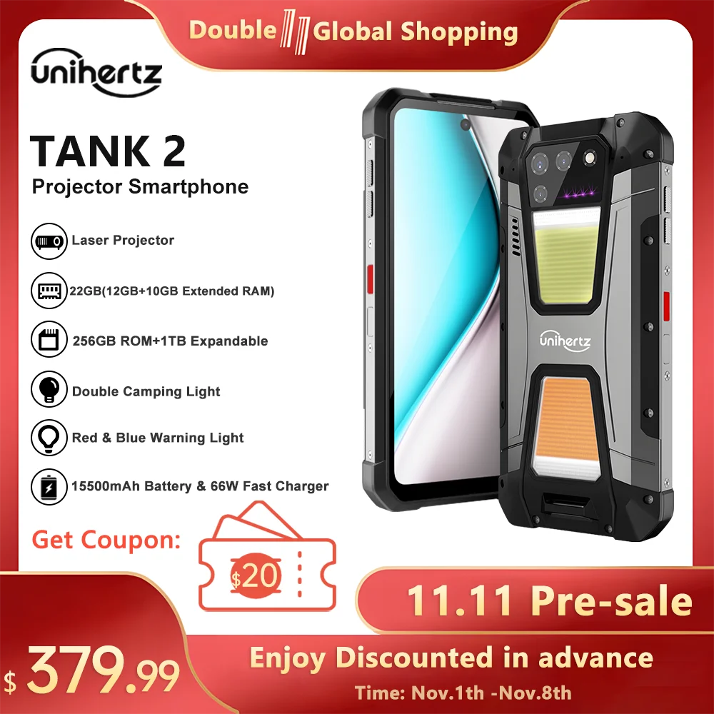 Unihertz 8849 tank 2 projector powered smartphone 22GB 256GB camping light cellphones 108mp G99 64MP night vision mobile phones