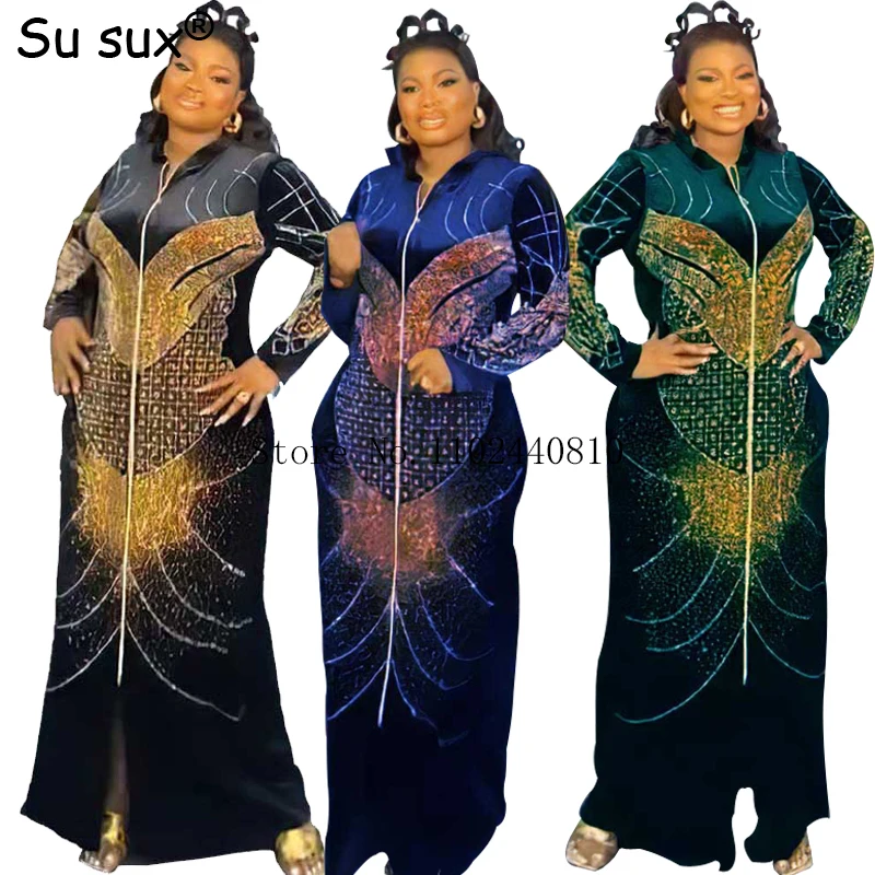 Velvet African Dresses For Women Dashiki Plus Size Robe Muslim Sequins Long Sleeve Maxi Dress African Clothes Vetement Femme
