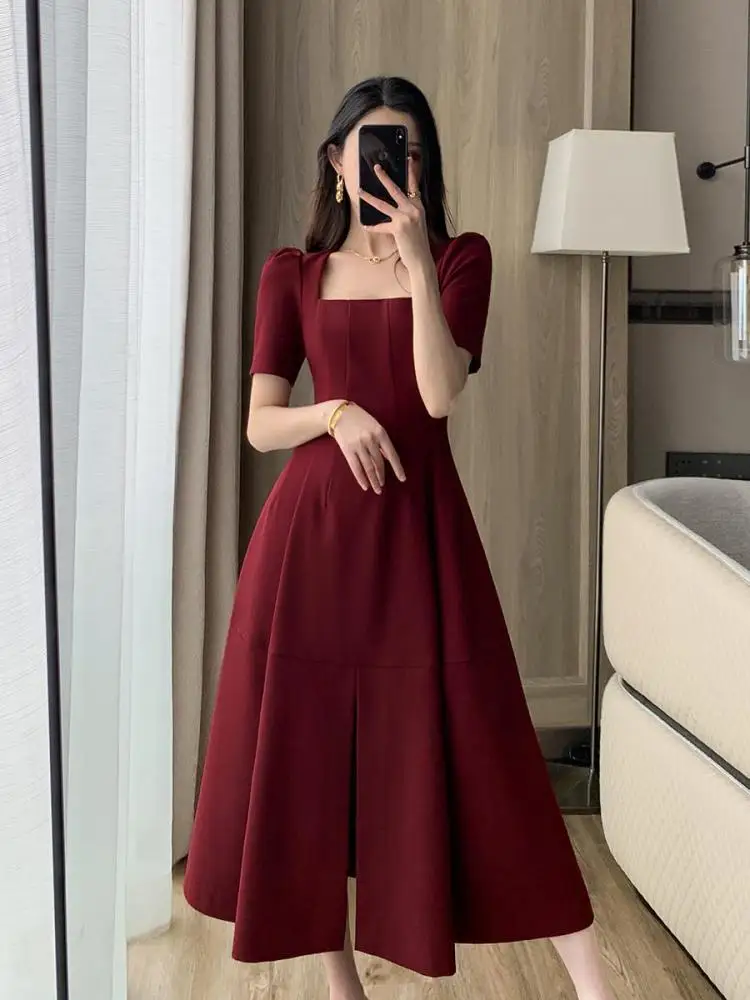 Vintage Summer Red Split Long Dress Women Elegant Casual A-line Slim Party Birthday Prom Sundress Female Korean Fashion Robe New