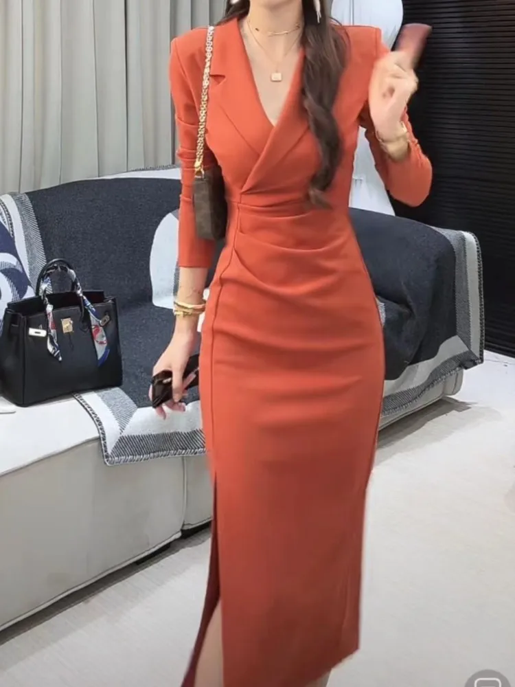 Vintage Women Fashion Bodycon Slim Party Dress Elegant Casual Solid One Pieces Birthday Vestidos Female Chic Long Robe Clothings