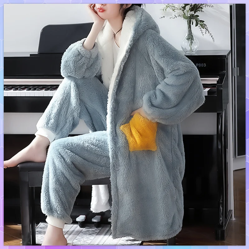 Warm Cartoon Hooded Women’s Pajamas Robes With Pants Thicken Plush Coral Fleece Sleepwear Plus Size Winter Home Clothes Pijama